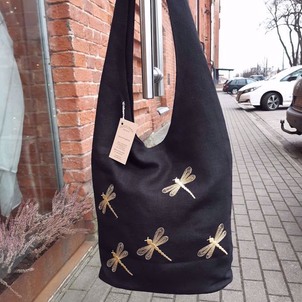 Picture of Black linen bag with golden dragonflies