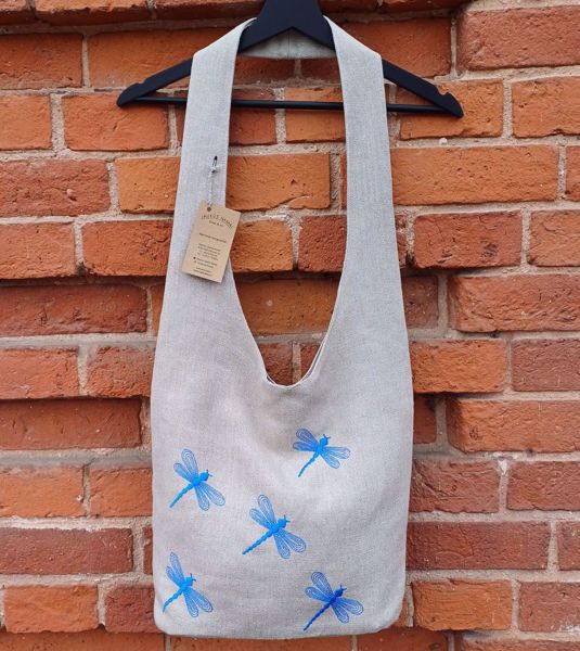 Picture of Natural linen bag with blue dragonflies